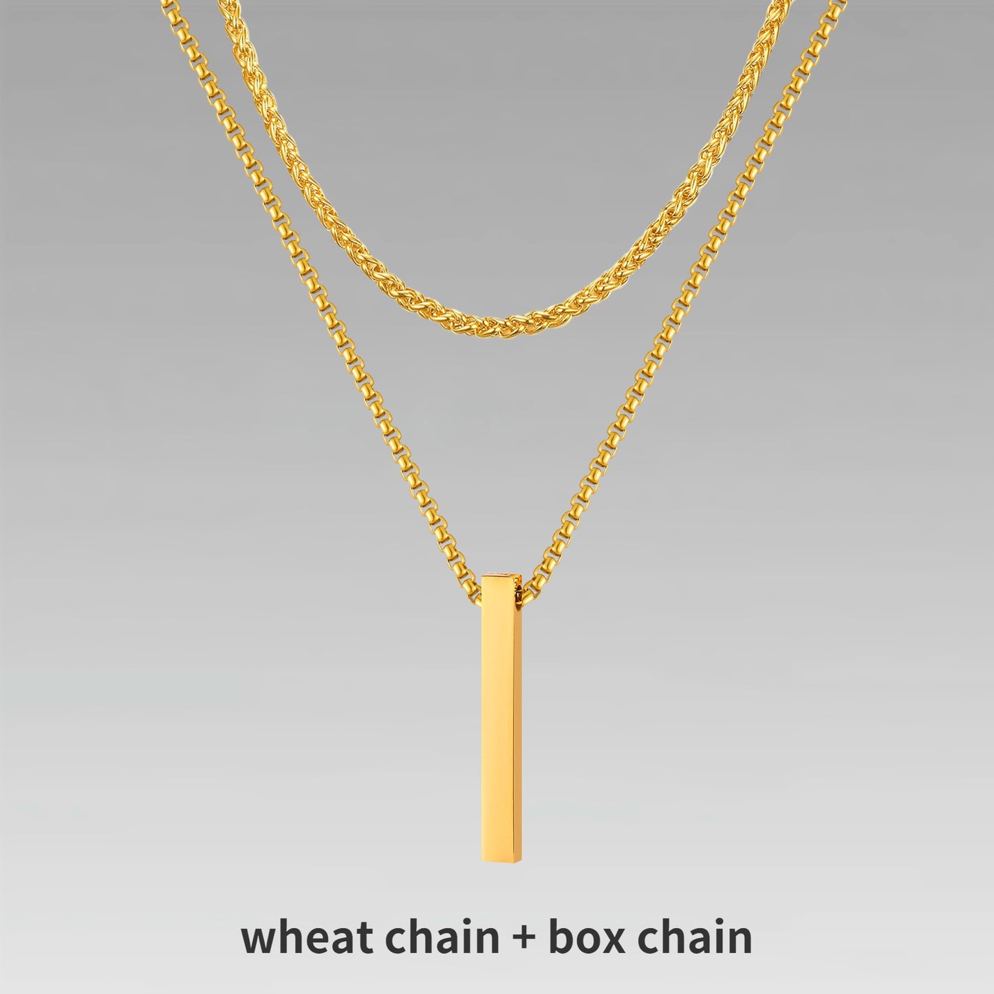 Vnox 3D Vertical Bar Necklaces for Men, Layering Stainless Steel Geometric Pendant, Layered Wheat Rope Cuban Chain, Boy Collar